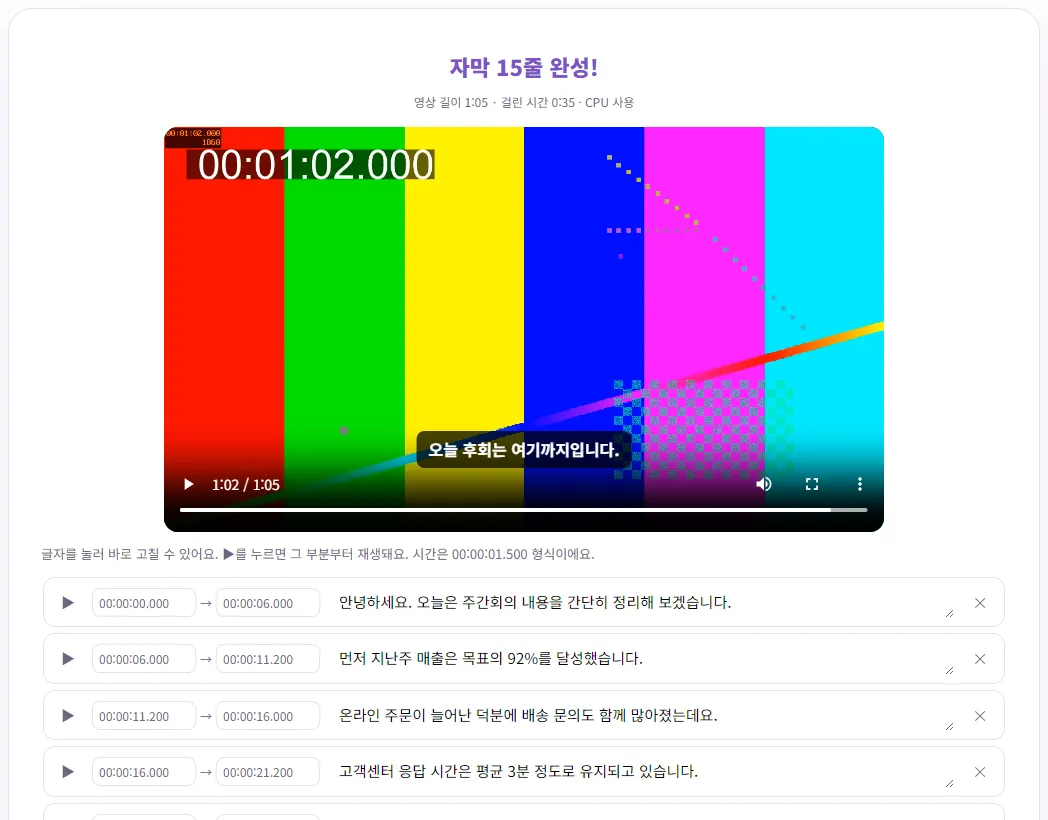 빠름 모델 결과 화면. 1분 2초 지점에서 영상 위 자막이 '오늘 후회는 여기까지입니다'로 잘못 나와 있음. CPU 사용, 걸린 시간 35초